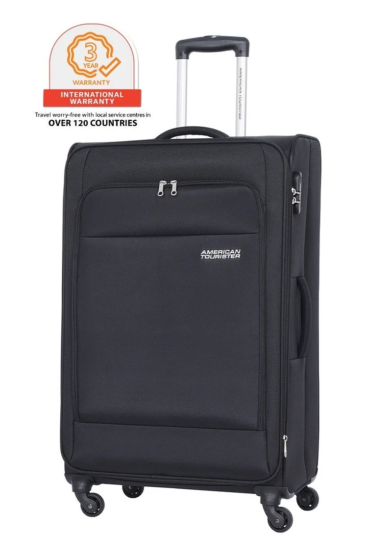 AMERICAN TOURISTER Oakland Suitcase, Check-In Size 78 cm / 29 inch, Spinner Wheels, Soft Top, 100% Polyester, Black|TSA Lock|Front Pocket Storage Compartment|Expandable - 3 Years International Warranty